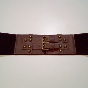 Belt Women Brown Boho Western Faux Leather Double Buckle Brass Studs Stretch M/L